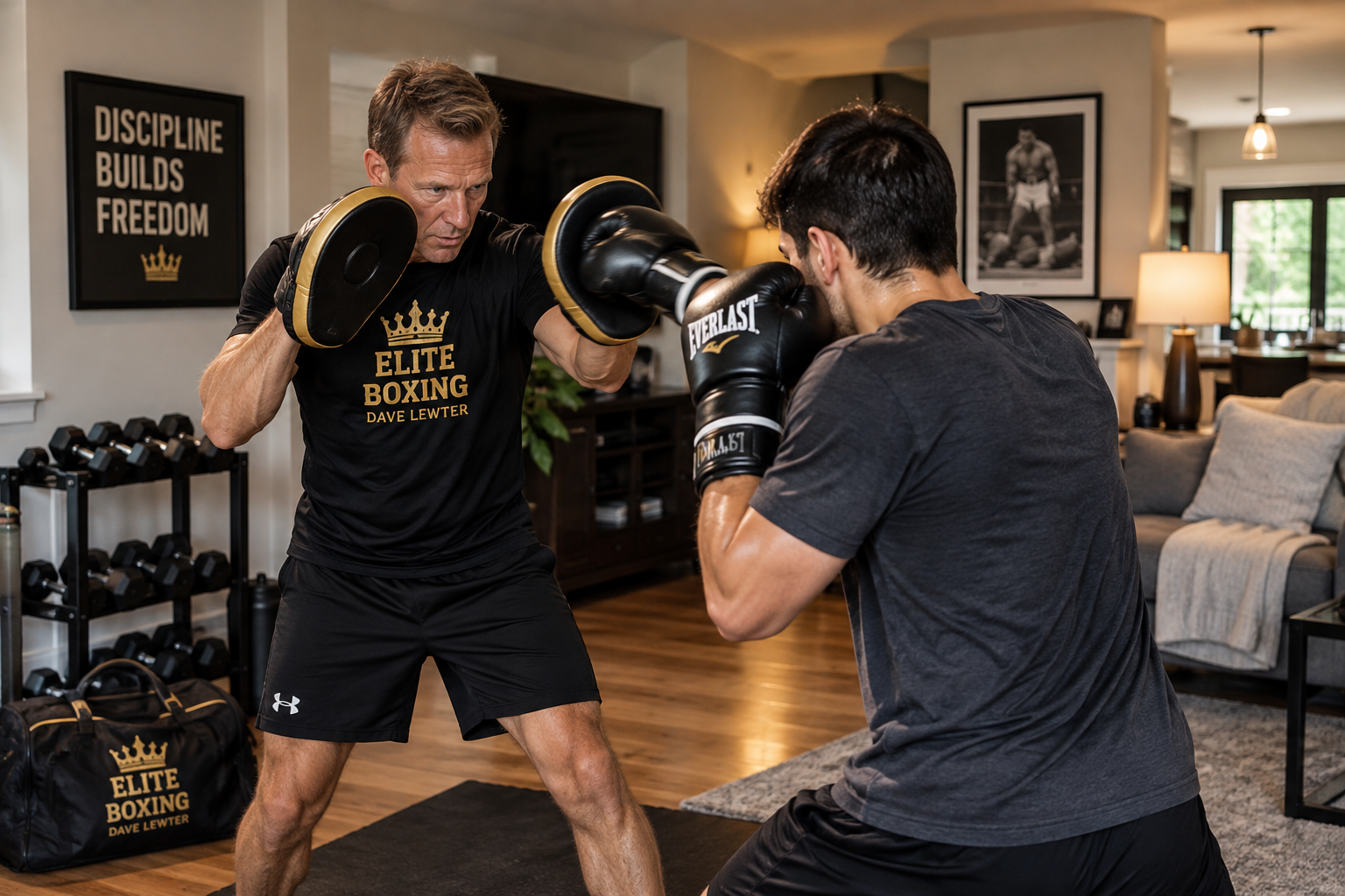 Boxing trainer coaching a client with mitts at home